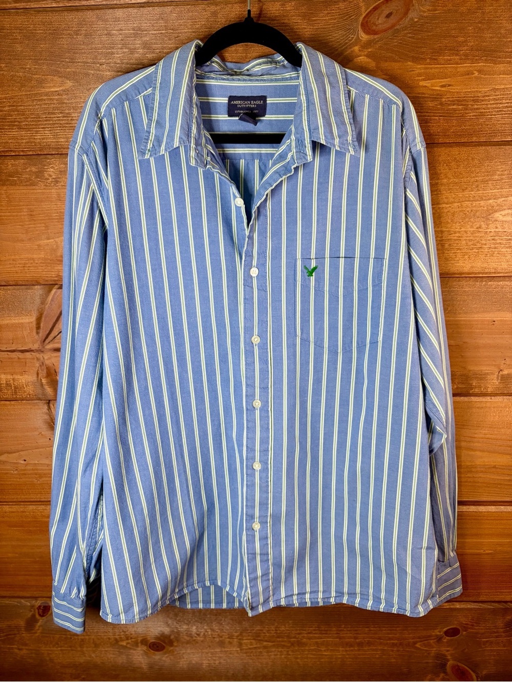 Vintage 90s Y2K American Eagle Men’s Blue Green Striped Button Up Shirt - Large